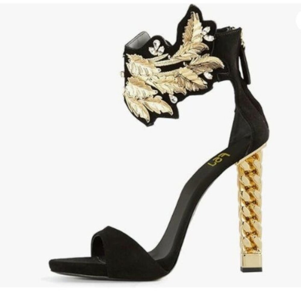 FSJ Women Flower Gold Metal Chain Chunky High Heels Ankle Strap Sandals Black